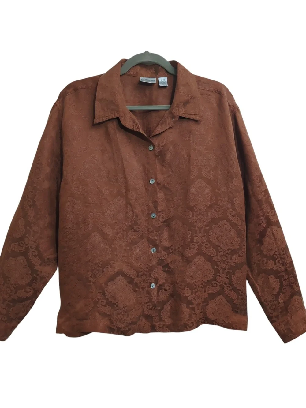Chico’s Sz 3 Luxe Silk Linen Blend Paisley Damask Button Front Shirt Minimalist
